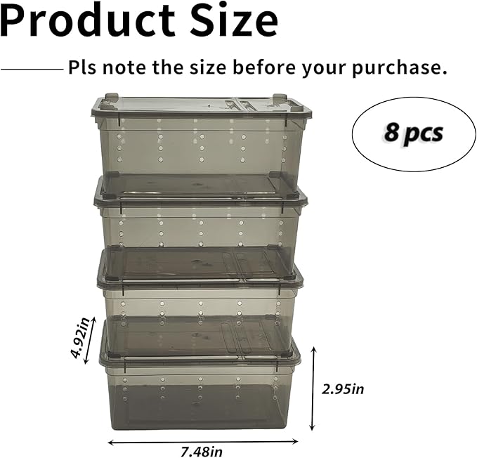 PINVNBY 8 PCS Reptile Feeding Box Portable Snake Breeding Box Lizard Cage Hatching Container 7.48"x4.92"x2.95" Transparent Plastic Pet Houses for Spider Scorpion Gecko Insect Tortoise Treefrog(Black)