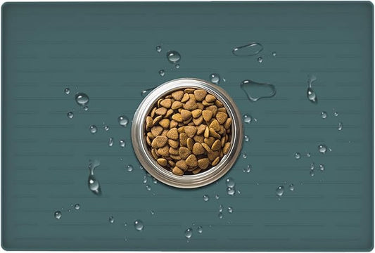 24" x 16" Dog Food Mat, Silicone Pet Mats for Food and Water, Nonslip Pet Feeding Mats for Floors, Dog Cat Bowl Mat with Raised Edges, Dark Green