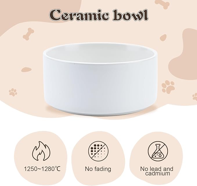 SPUNKYJUNKY Raised Ceramic Dog Bowls Set with Non-Slip Acacia Wood Stand for Large Sized Dog(60.87 OZ, White)