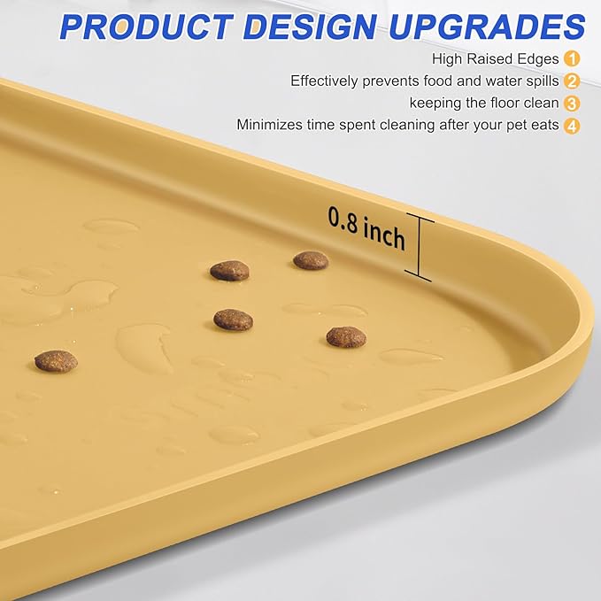Silicone Pet Feeding Mat with Raised Edge for Food and Water, Dog Bowl Mats, Cat Bowls Placemat with High Lip for Floor Waterproof, Rubber Tray for Cats and Dogs 22 x 14 x0.8 Beige