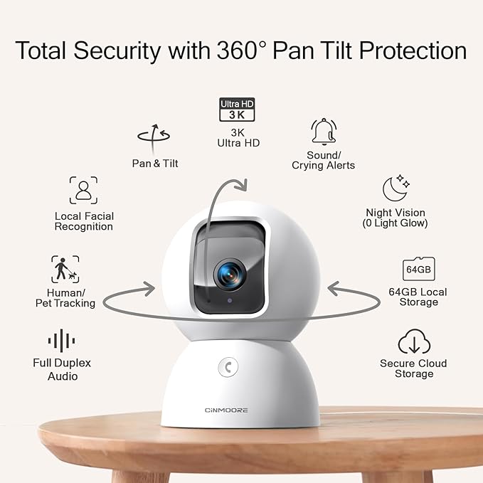 3K Pet/Dog Camera Indoor w/Phone App, No Monthly Fee 64GB Local Storage & AI Tracking Face ID, 2.4/5GHz WiFi Cameras for Home Security Baby Monitor, Pan/Tilt, 2-Way Talk