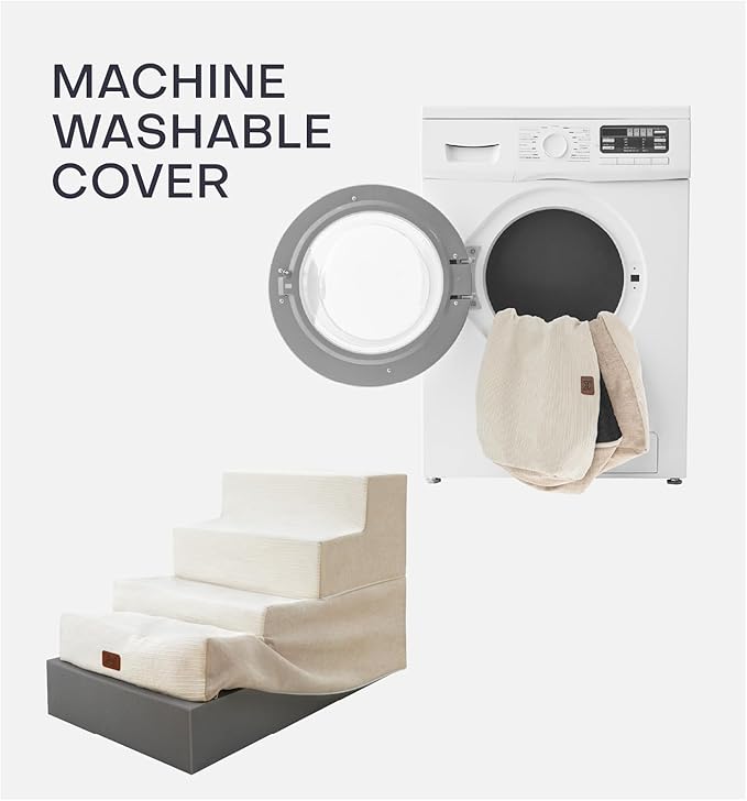 Dog Stairs for High Bed, Dog Steps for Bed Couch Sofa, 35D Foam Extra Wide Pet Steps for Small Dogs and Cats, Pet Stairs with Non-Slip Bottom Beige, 4 Steps