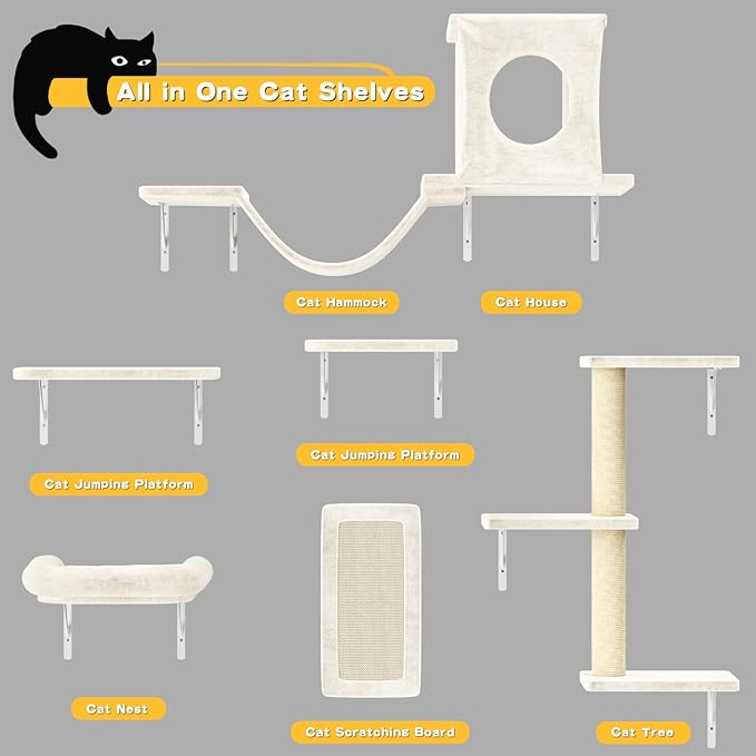 NUNU LAB Cat Wall Shelves, 6 Pcs Luxury Wall-Mounted Cat Climber Set, Indoor Cat Furniture with 1 Condos House, 2 Cat Wall Shelves, 1 Scratching, 1 Bridge Ladder, 1 Scratching Pad, White