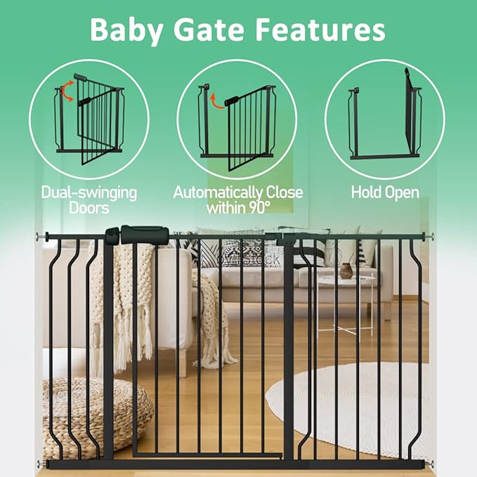 ALLAIBB Extra Wide Pressure Mounted Baby Gate Walk Through Child Kids Safety Toddler Tension White Long Large Pet Dog Gates with Extension for doorways Kitchen (57.48-62.20"/146-158cm, Black)