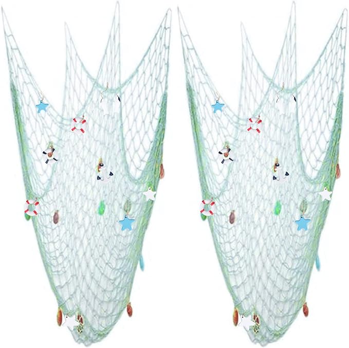 Nature Fish Net Wall Decoration with Shells, Ocean Themed Wall Hangings Fishing Net Party Decor for Pirate Party,Wedding,Photographing Decoration (2pack-Aqua/Aqua)