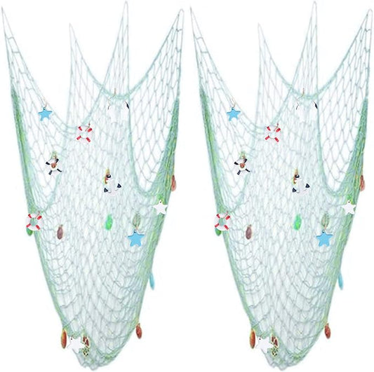 Nature Fish Net Wall Decoration with Shells, Ocean Themed Wall Hangings Fishing Net Party Decor for Pirate Party,Wedding,Photographing Decoration (2pack-Aqua/Aqua)