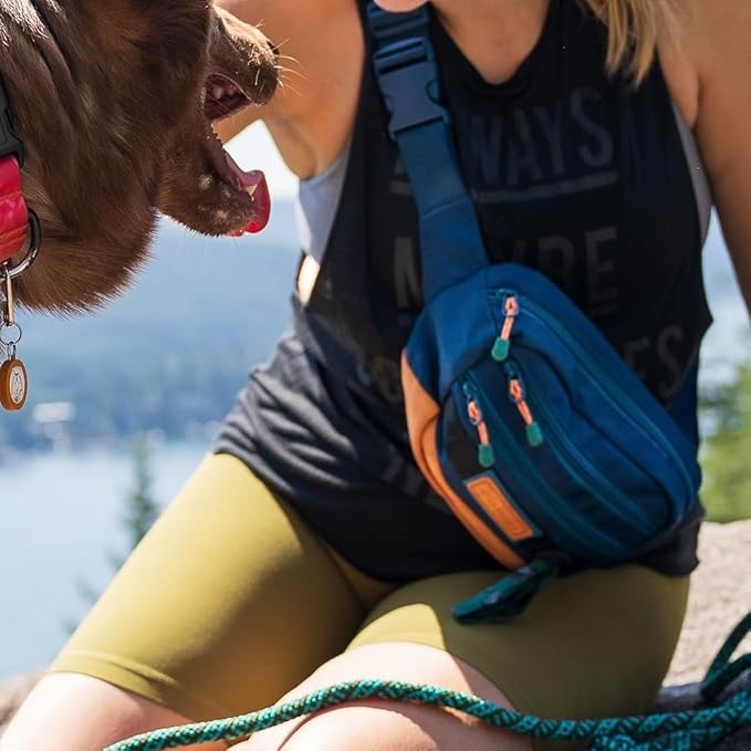 Wilderdog Utility Fanny Pack stores Treats, Balls, Keys in 3 Pockets with adjustable strap and Poop Bag dispenser (Pacific Blue)