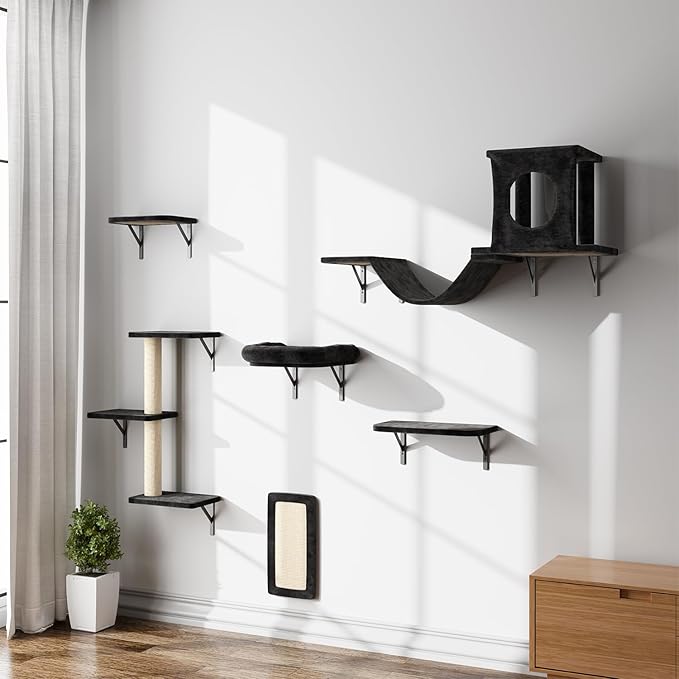 NUNU LAB Cat Wall Shelves, 6 Pcs Luxury Wall-Mounted Cat Climber Set, Indoor Cat Furniture with 1 Condos House, 2 Cat Wall Shelves, 1 Scratching, 1 Bridge Ladder, 1 Scratching Pad, Black
