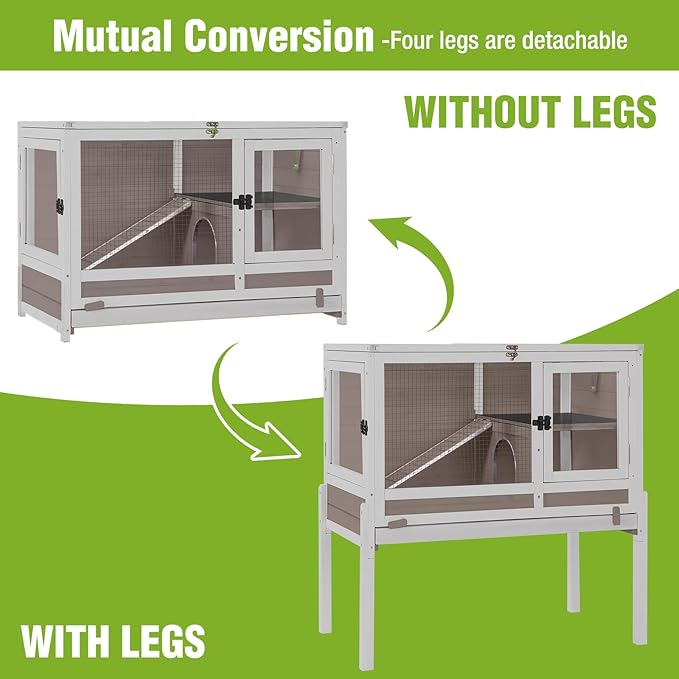 GUTINNEEN Rabbit Hutch Guinea Pig Cages Indoor with Stand Wooden Small Animals Cage Hutch Hamster Cage with Hideout,Pull Out Tray, Anti Chew Ramp(Brown)