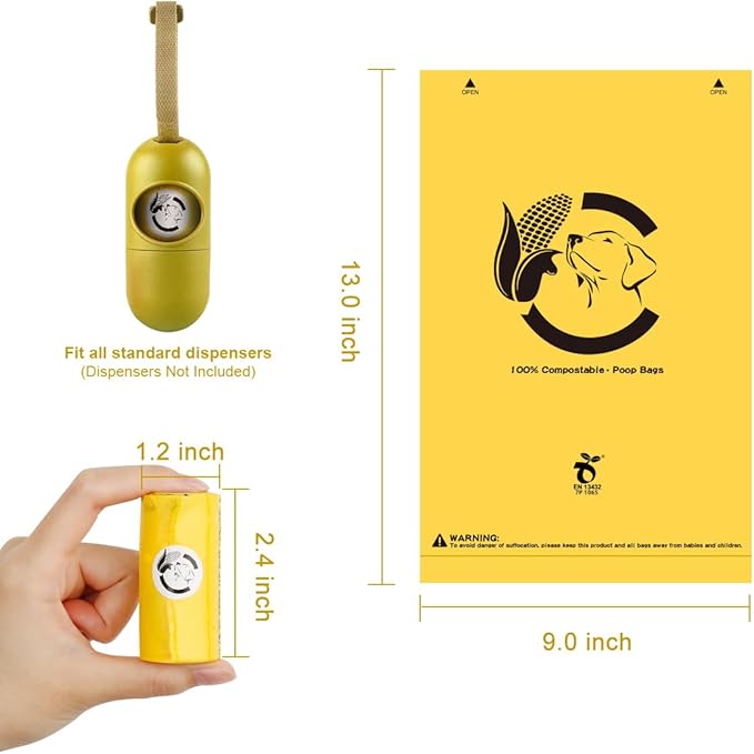 Certified Compostable Dog Poop Bags, 120 Count Landfill Friendly and Leakproof Waste Bags, Easy Open Unscented Maize Yellow Poop Bag for Dog, 15 Doggy Bags Per Roll (8 rolls)