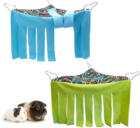 RIOUSSI Guinea Pig Hideout Hideaway Corner Fleece Toys Cage Accessories with Reversible Sides, Geo/Gray-Green+Blue, Pack of 2