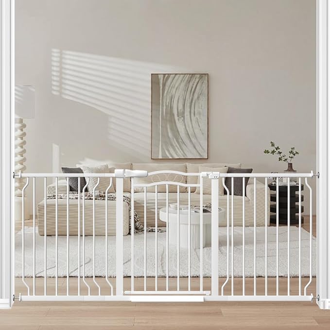 Extra Wide Dog Gate for Doorways 62.6-72 in, Walk Through Long Baby Gates for Large Openings, No Drill Child Safety Gate for Pets Kids Toddler, Doggy Barrier Indoor Metal, 30" Tall White
