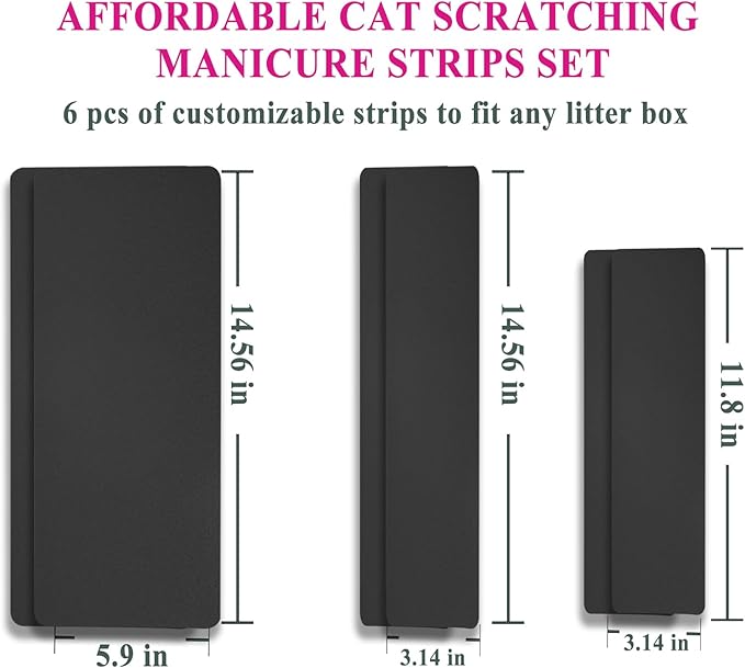 Cat Nail File Scratching Strips - 6 Pcs Cat Scratcher Liner for Litter Box, 3 Pairs Peel Stick Cat Strips in Different Sizes - Recommended for Litter Box Use (Black)