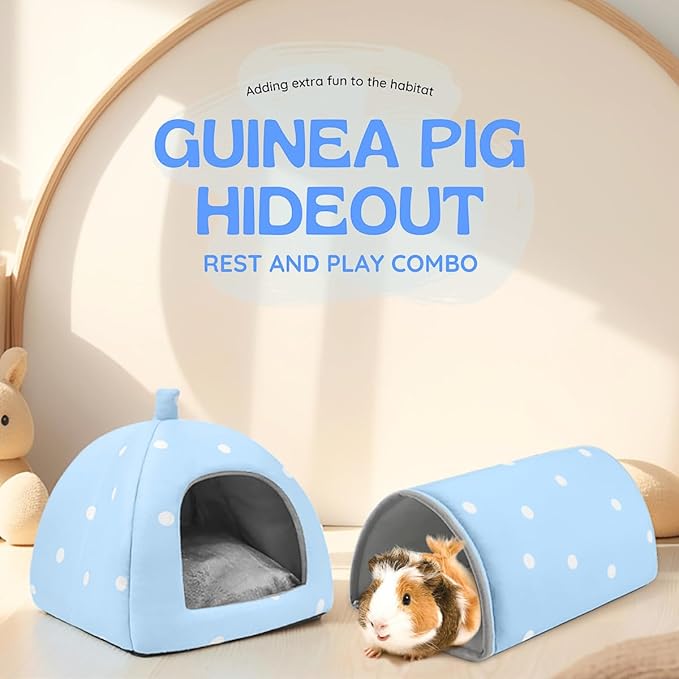 Guinea Pig Hideout and Tunnel Set, Soft Plush Bed & Play Tunnel for Guinea Pigs, Rabbits, Ferrets, Small Animals - Washable Accessories for Resting, Hiding, Exercising