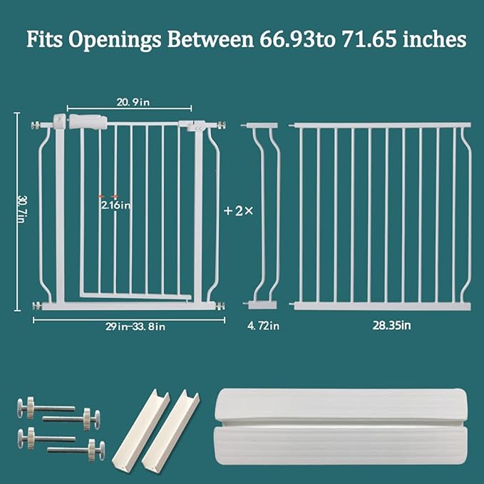 ALLAIBB Extra Wide Pressure Mounted Baby Gate Walk Through Child Kids Safety Toddler Tension White Long Large Pet Dog Gates with Extension for doorways Kitchen (66.93"-71.65"/170-182cm)