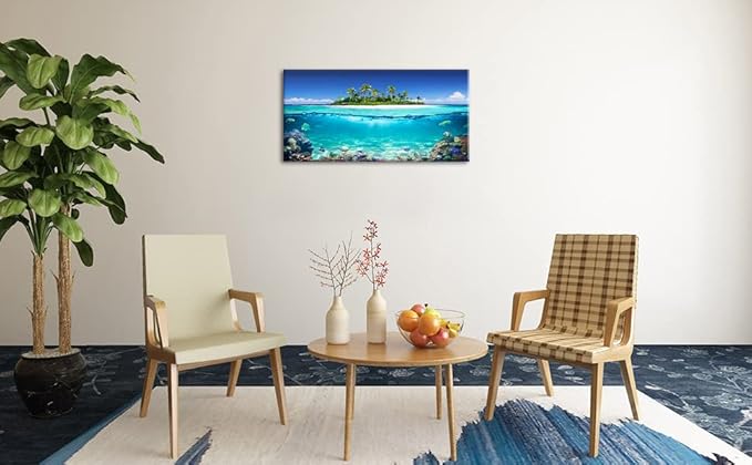 Tropical Island Coral Reef Landscape Canvas Wall Art for Living Room,Unique View Split Waterline Scenery,Beautiful Nature Summer Travel Scenic Picture Print Artwork Painting Decor,Inner Frame 20x40