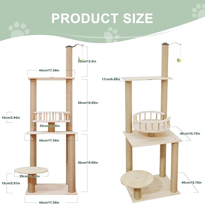 Wood Cat Tree 17” x 16”x 53” Modern Sturdy Cat Tower with Double Condos Hand-Woven Beds & Toys Multilevel Huge Paws Pals Tree Indoor Cat Furniture for Big Cats