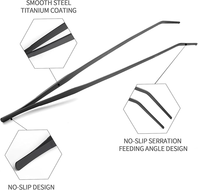 Aquarium Tweezers Extra Long 15 inches Feed Tong Clamps - FEITA Straight and Curved Stainless Steel 38cm Tweezers Set for Fish Tank Plants Aquascape Tools & Reptile Feeding Tongs - Black 2Pcs