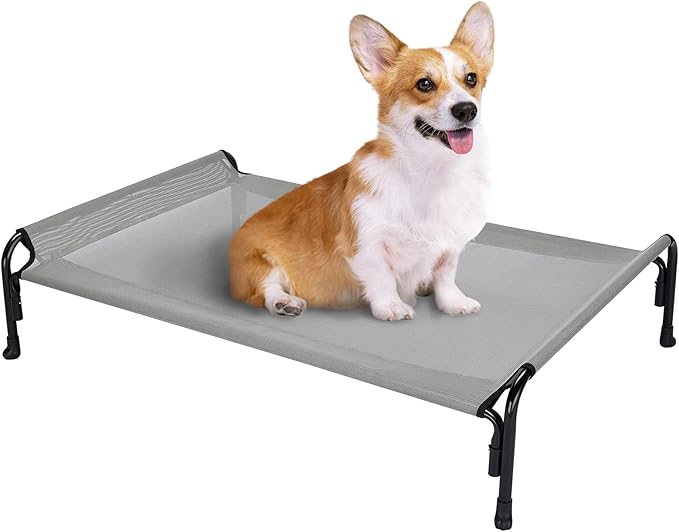 Veehoo Outdoor Elevated Dog Bed, Raised Dog Cot for Small Medium Dogs, Cooling Washable Waterproof Pet Hammock Beds with Slope Headrest, Breathable Mesh and Sturdy Frame, M, Grey, CWC2204