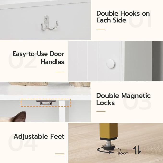 HOOBRO 44" Cat Litter Box Enclosure for 2 Cats, Double Cat Litter Box Furniture Hidden, TV Stand Litter Box Enclosure with Cat Scratching Mat, Cat House, Cat Washroom Cabinet, White, Gold DW20MW01