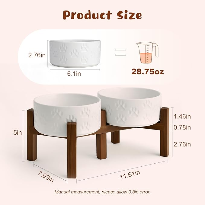 SPUNKYJUNKY Ceramic Elevated Dog Bowl Set with Acacia Wood Stand for Food and Water for Small Medium Sized Dogs (28.74 OZ, White, Dog Paw Pattern)