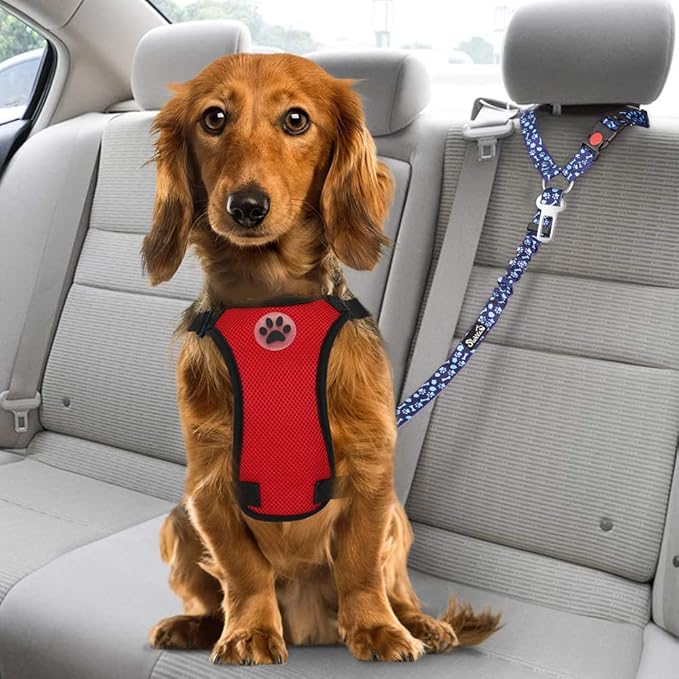 SlowTon Dog Seat Belt for Car, 2 Pack Dog Car Harness Seatbelt Adjustable with Elastic Bungee Buffer, 2 in 1 Pet Car Leash Headrest Restraint Dog Reflective Safety Tether (Blue Paw, Headrest+Clip)