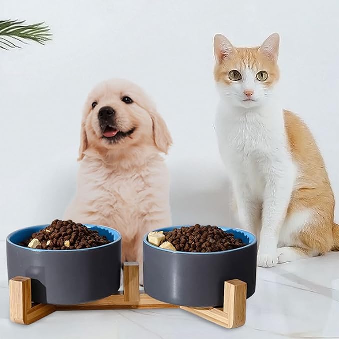 Petygooing Heavy 5.1 in Ceramic Cat Dog Bowls Set with Wood Stand for Food and Water, Non-Slip Cute Modern Pet Dish for Small Size Dogs and Cats (13.5OZ) Medium Sized Dogs (28OZ) Grey Blue