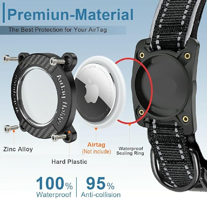 Upgraded AirTag Dog Collar, IP68 Waterproof Dog Collar with Apple Air Tag Holder, Reflective Adjustable Heavy Duty Dog Collars with Soft Padded for Small, Medium and Large Dogs,Black, XL
