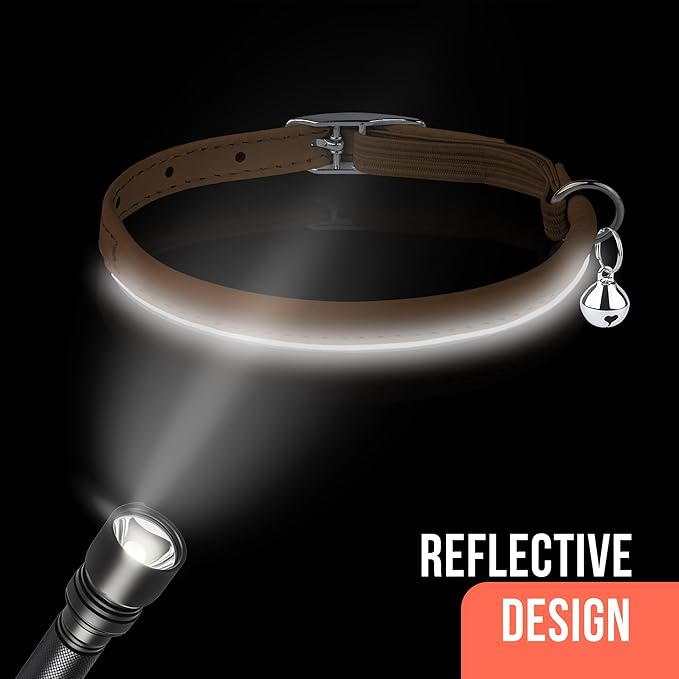 OOPSDOGGY Rolled Leather Cat Collar with Bell, Reflective Kitten Collars with Buckle Include Safety Elastic Strap - Adjustable Small Pet Collars for Boy Girl Cats (Beige)