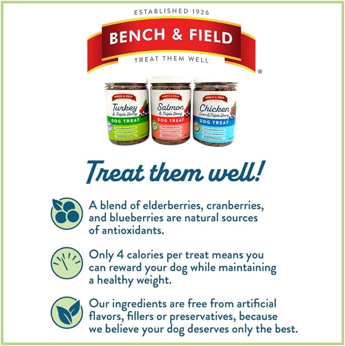 Bench & Field Holistic Natural Chicken Liver & Triple Berry Dog Treats | Crunchy Bone-Shaped Bites | Antioxidant Blend, 10-Ounce Bottle