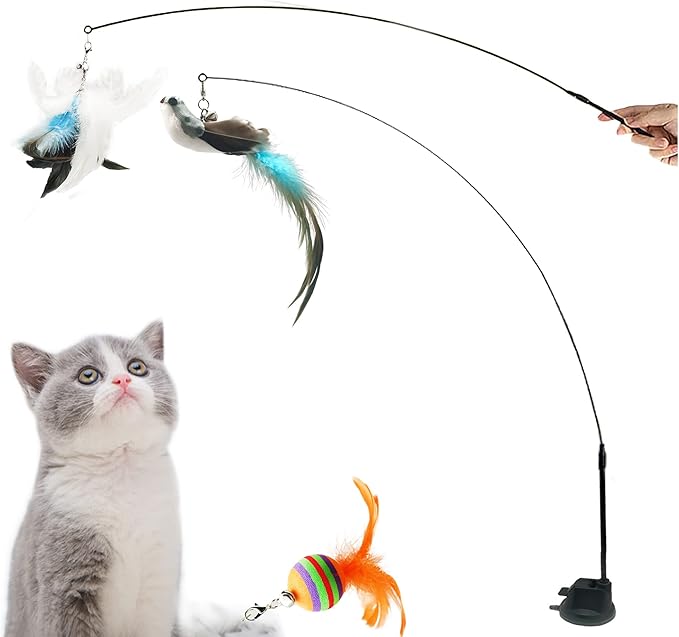 Interactive Cat Feather Toy with Super Suction Cup & Bonus Double-Sided Nano Adhesive – 3 Replaceable Feathers, Bell & Spring Wand – Fun Exercise for Indoor Cats & Kittens (Fly Bird Blue)