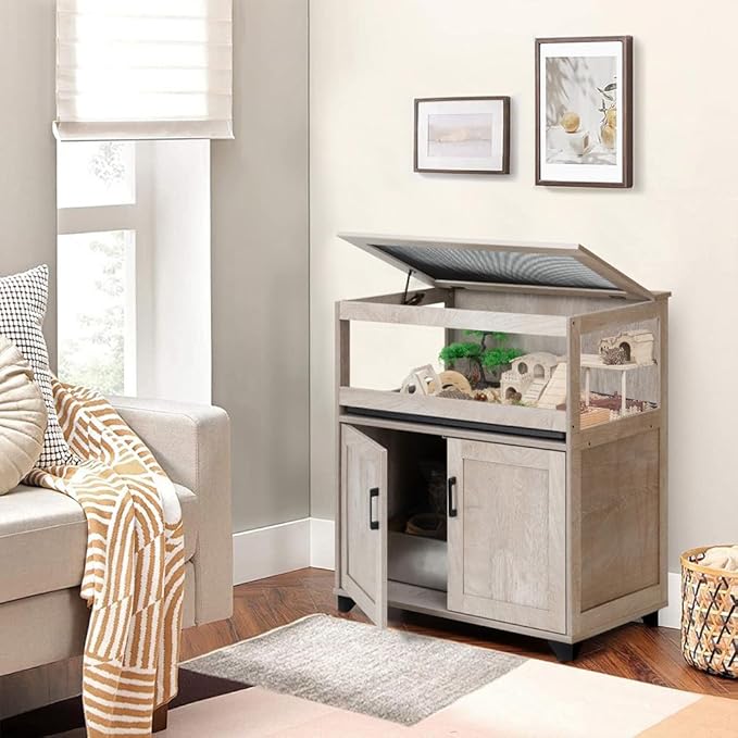 unipaws Hedgehog Cage with Storage Cabinet, Hamster Cage for Rat and Guinea Pigs, Clear Transparent PVC Visual Small Animal Cage with Tray, Hamster Enclosure, Grey