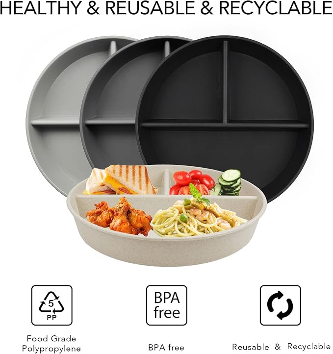 greenandlife 9 Inch 4PCS Divided Plates with Lids, Portion Control Plates for Kids Adults, Dishwasher Microwave Safe Compartment Plate, Unbreakable Lightweight Reusable Wheat Straw Plate, Grey Black