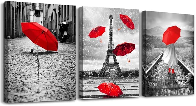 Black and white landscape Eiffel Tower 3 Piece Wall Art for Living Room Bathroom Decorations Kitchen Wall decor modern red umbrella Poster Canvas Print Office Bedroom Home Decoration wall paintings