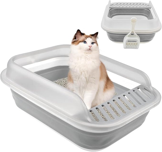 Open Cat Bedpan with Spoon,Shallow Splash Proof Travel Litter Box with Sand Drop Pedal High Side Low Entrance Cat Toilet Semi-Enclosed Adjustable for Kittens Elderly Cats Disabled Cats(Gray)