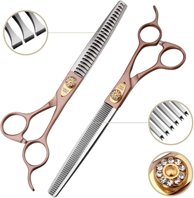 Fenice Peak 7.5‘’ Professional Dog Grooming Scissors Set Rose Gold 440C Stainless Steel Straight Thinning Curved Chunker Shears 4pcs Set for Pet Grooming Services Dogs and Cats