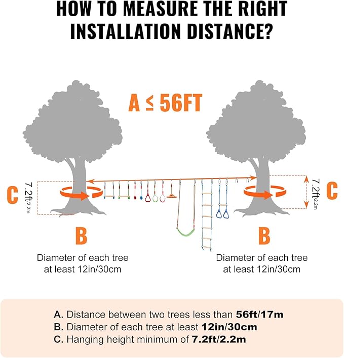 VEVOR Warrior Obstacle Course for Kids, 56FT Slackline with Gym Rings, Monkey Bars, Rope Knots, Portable Outdoor Course Training Equipment Set for Backyard