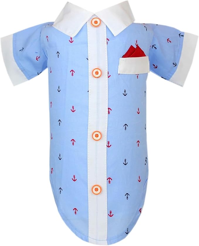 Parisian Pet Dog Shirt - Dog Nautical Costume - 100% Cotton Anchor Dog Clothes - Sleeved Doggie Shirt - Blue and White Dog Costumes for Small Dogs S