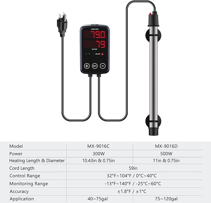 Titanium Aquarium Heater 300W, Submersible Fish Tank Heater with Digital Display Temperature Controller, 0℃-40℃ Adjustable, Fast Heating for 40 ~ 60 Gal Saltwater Freshwater Fish Tank, MX-9016(300W)