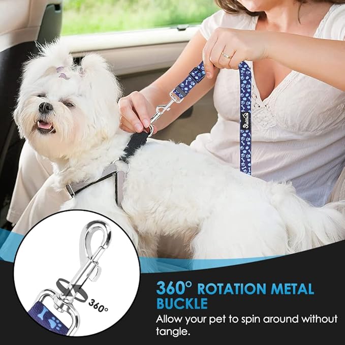 SlowTon Dog Seat Belt for Car, 2 Pack Dog Car Harness Seatbelt Adjustable with Elastic Bungee Buffer, 2 in 1 Pet Car Leash Headrest Restraint Dog Reflective Safety Tether (Blue Paw, Headrest+Clip)