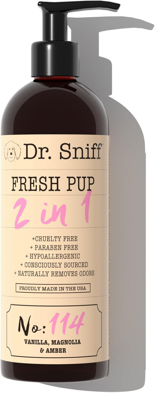Dr. Sniff 2-in-1 Pet Shampoo & Conditioner, Ultimate Grooming Treatment for Dog & Cat Hair, Freshens Scent, Made in The USA, Fresh Pup Scent, 16 Oz