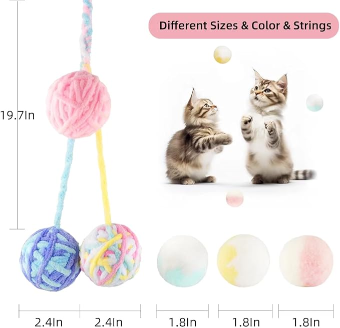 TUSATIY 9PCS Cat Ball Toy, Multi-Colored Cats Fuzzy Balls & Woolen Yarn Kitten Toys Balls with Bell Inside,Soft Interactive Cat Toys for Indoor Cats Self Play