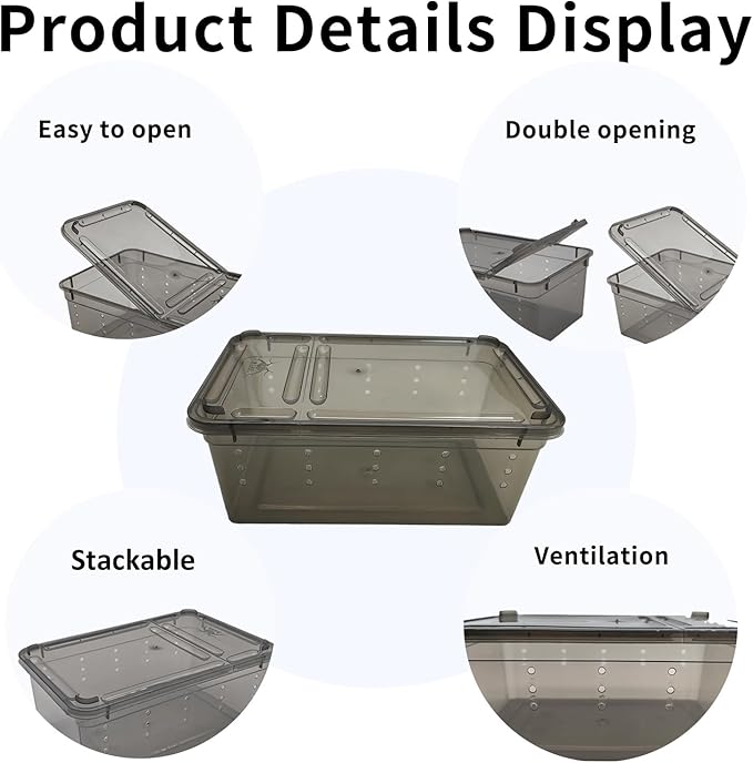 PINVNBY 8 PCS Reptile Feeding Box Portable Snake Breeding Box Lizard Cage Hatching Container 7.48"x4.92"x2.95" Transparent Plastic Pet Houses for Spider Scorpion Gecko Insect Tortoise Treefrog(Black)