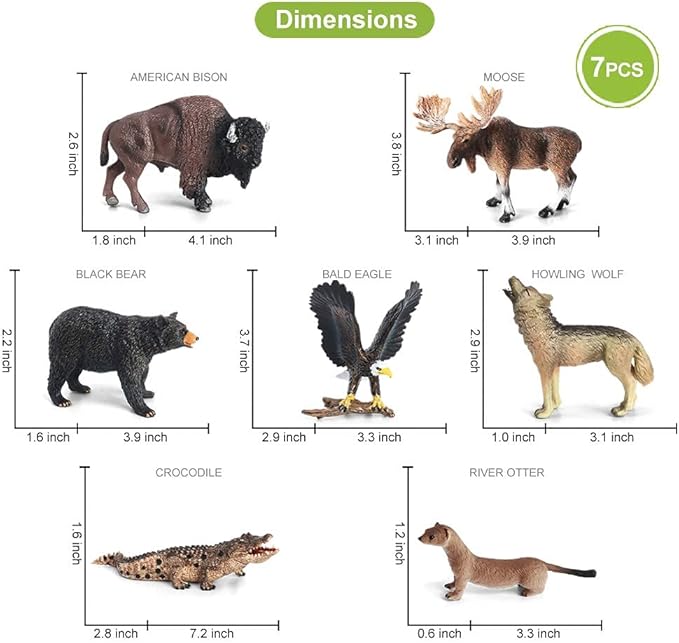 Volnau Safari Animal Figurines Toys 7PCS North America Figures Zoo Pack for Toddlers Kids Christmas Decoration Gift Preschool Educational Moose Wolf Bear Jungle Forest Woodland Set