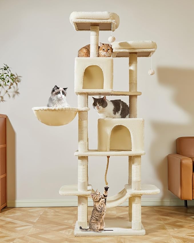 Taoqimiao Cat Tree, 71.7-Inch Cat Tower for Indoor Cats, Plush Multi-Level Cat Condo with 13 Scratching Posts, 2 Perches, 2 Caves, Hammock, 2 Pompoms,Beige MS013LM