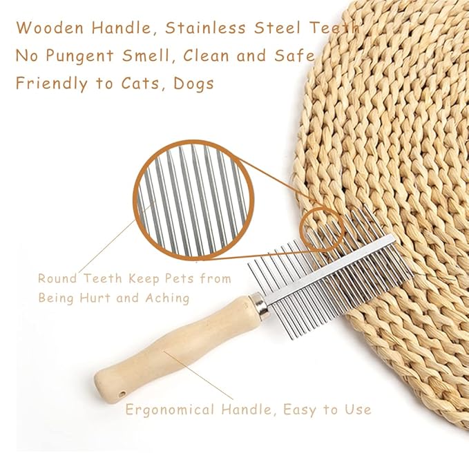 Dog Cat Pet Comb Double-Sided Grooming Brush Metal Comb for Loosening up Removing Mats Debris Tangles and Knots Wooden Handle Stainless Steel Tooth Perfect for Honghair Pets