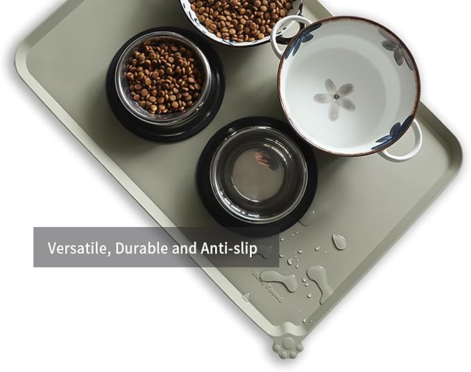 Hoki Found Large Silicone Non Slip Pet Food Mats - Bowl Placemats for Dog Cat - Waterproof - Cream Green