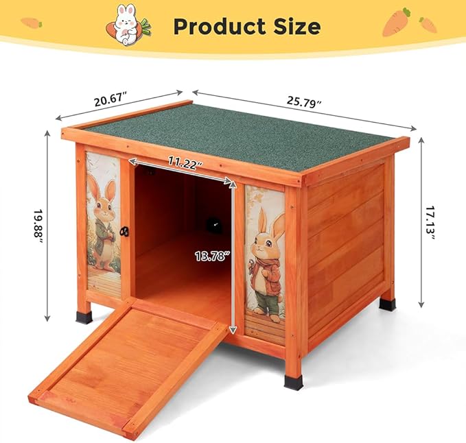 COZIWOW 24in Wooden Cat House Outdoor & Indoor Pet Shelter with Foldable Ramp - Weatherproof Rabbit Hutch with Unique Machine-Printed Art Designs for Cat, Rabbit, Guinea Pig (Orange)