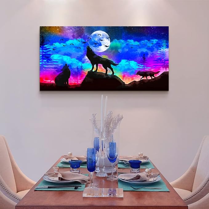 Canvas Wall Art For Living Room Family Wall Decor For Bedroom Modern Office Decorations Animal Wolf Wall Pictures Artwork Blue Starry Sky Scenery Painting Room Canvas Art Prints Home Decor 20" X 40"
