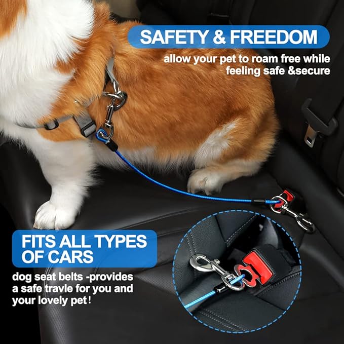 Dog Seat Belt Harness for Car,2pcs Dog Seatbelt of Coated Wire Leash Safety Restraint,No Chew Tether Cable Vehicle Dog Accessories,Double Clips & Latch (2 Pack Red+Blue, 16 inch/40 CM)